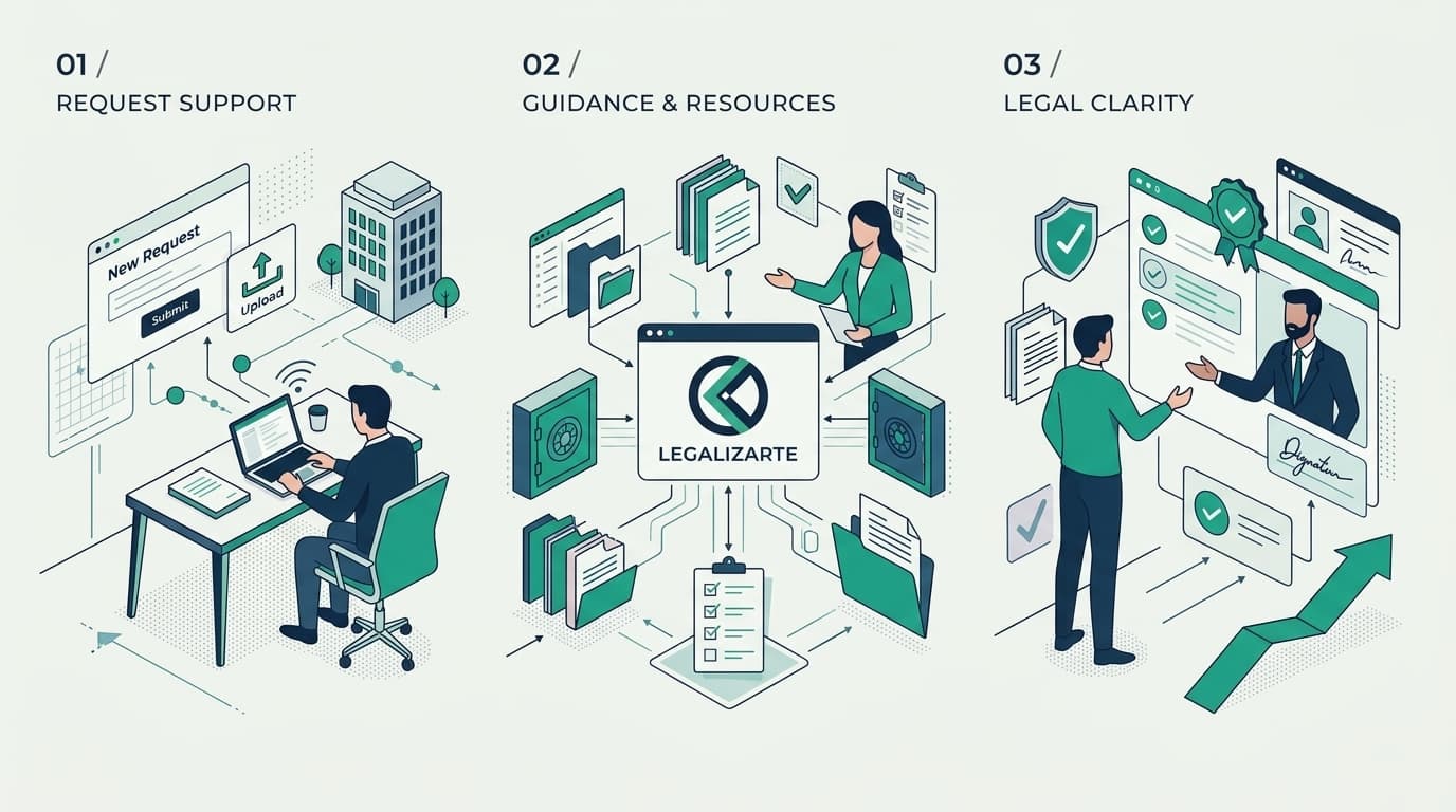 Ilustración conceptual en tres etapas: identificar una necesidad, revisar orientación y recursos, y definir los siguientes pasos con acompañamiento profesional