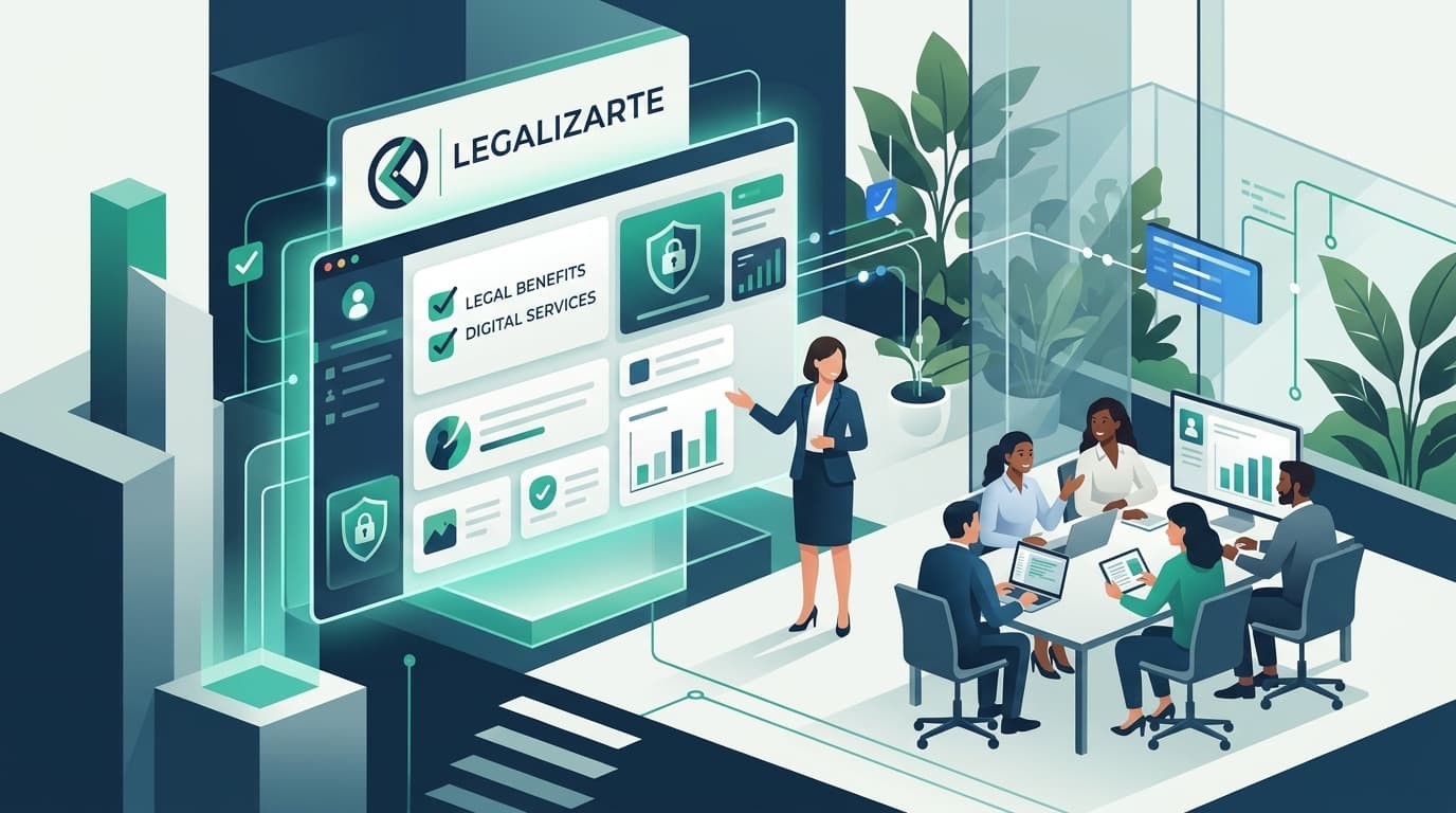 Ilustración de un equipo y una profesional que presentan un programa de bienestar jurídico empresarial